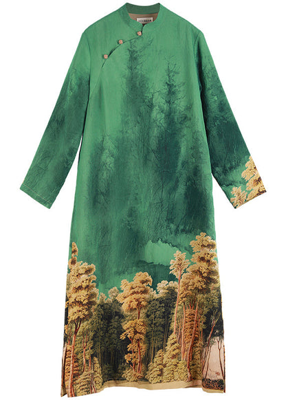 Green Stand Collar Side Open Print Dresses Long Sleeve