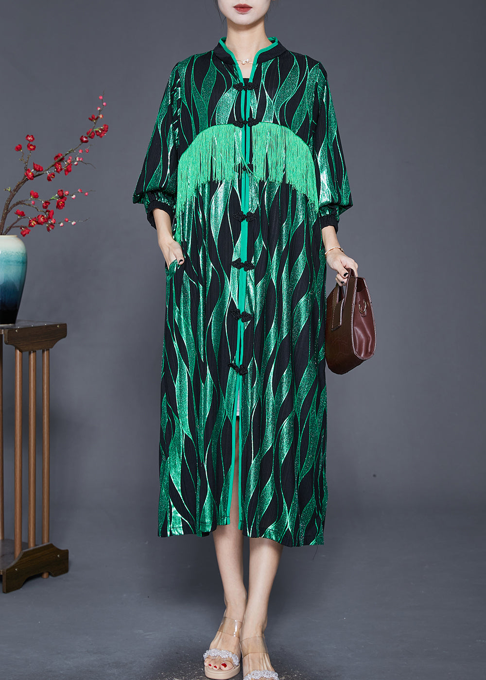Green Striped Tasseled Chinese Button Silk Maxi Dresses Fall