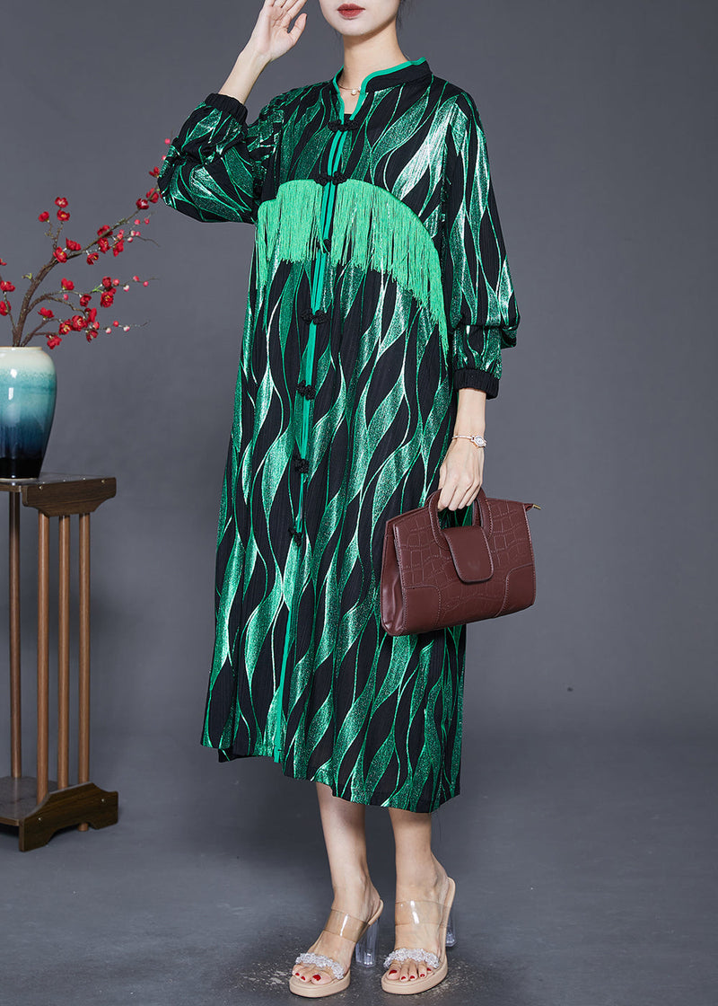 Green Striped Tasseled Chinese Button Silk Maxi Dresses Fall