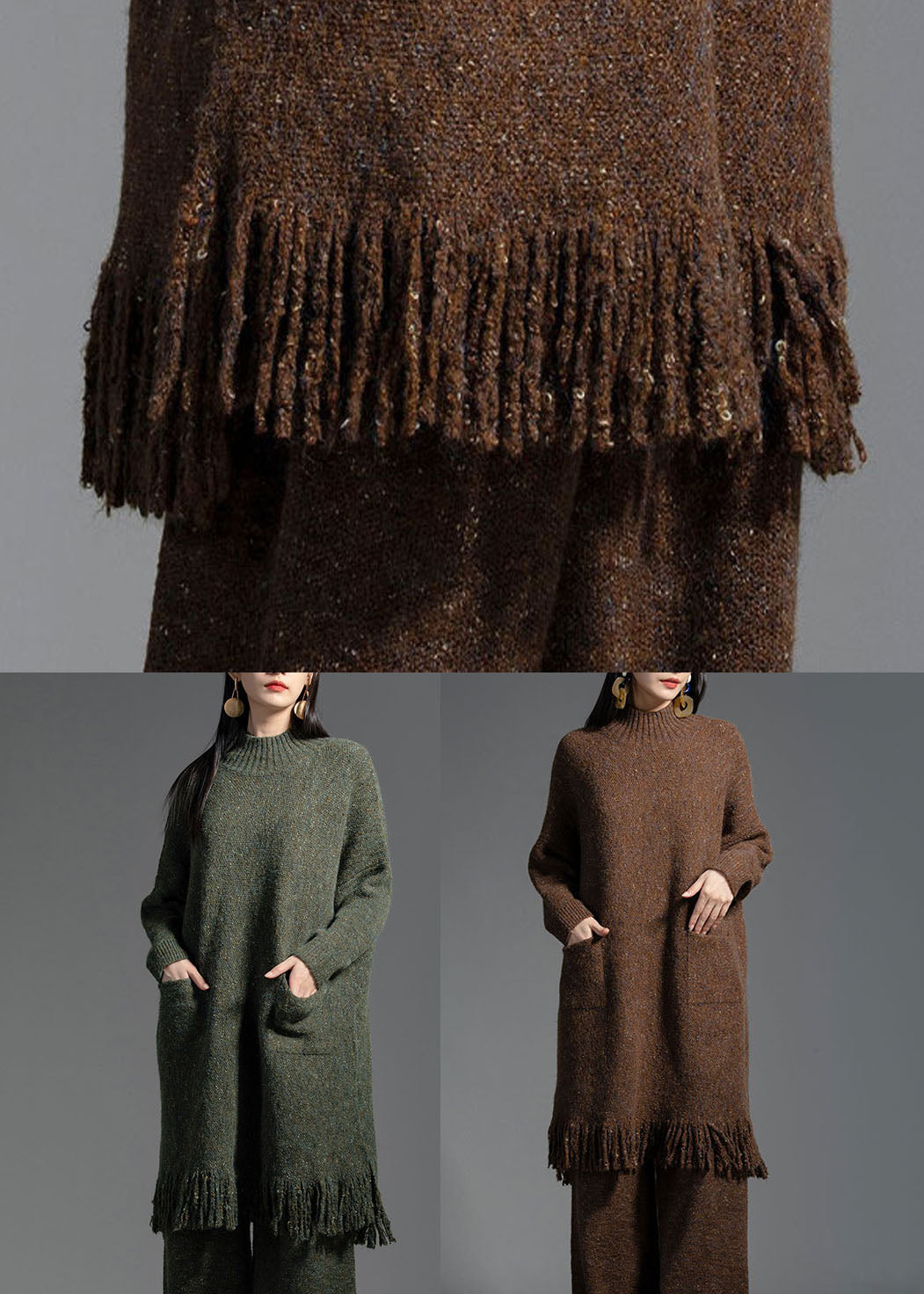 Green Tasseled Patchwork Wool Knitting Dress Winter
