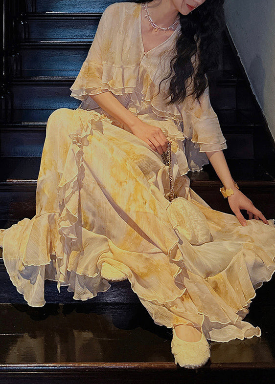 Green Tie Dye Ruffled Patchwork Silk Ankle Dress Summer