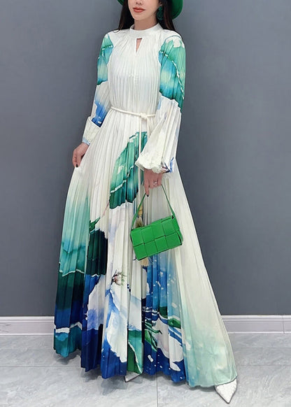 Green Turtleneck Print Tie Waist Long Dresses Long Sleeve