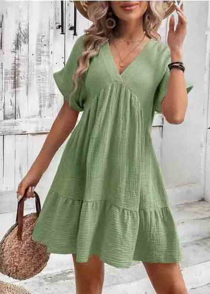Green V Neck Cotton a Line Dresses Summer