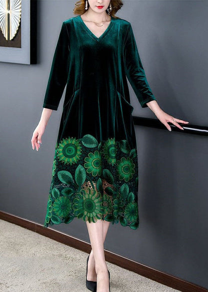 Green V Neck Print Patchwork Silk Velour Dresses Spring