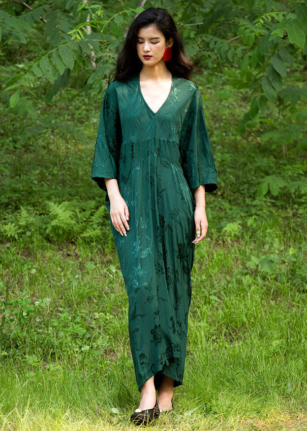Green V Neck Jacquard Silk Robe Dresses Batwing Sleeve