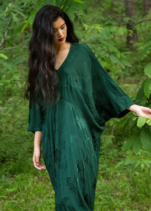 Green V Neck Jacquard Silk Robe Dresses Batwing Sleeve