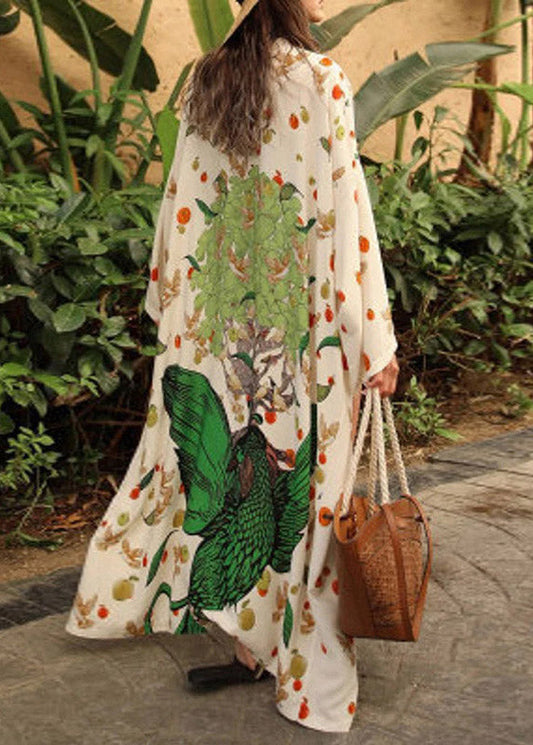 Green V Neck Print Maxi Beach Cardigans Long Sleeve
