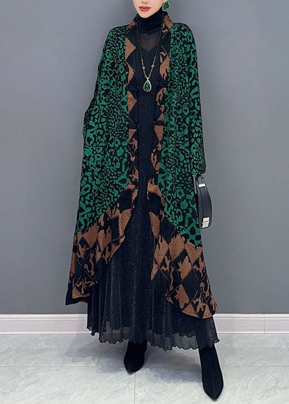 Green V Neck Print Patchwork Long Knit Cardigans Fall