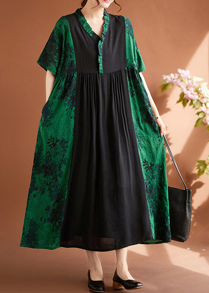 Green V Neck Print Patchwork Maxi Dresses Summer
