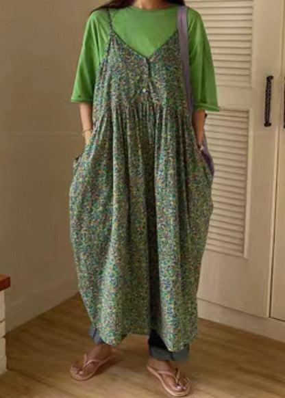 Green V Neck Print Pockets Cotton Tank Dress Sleeveless
