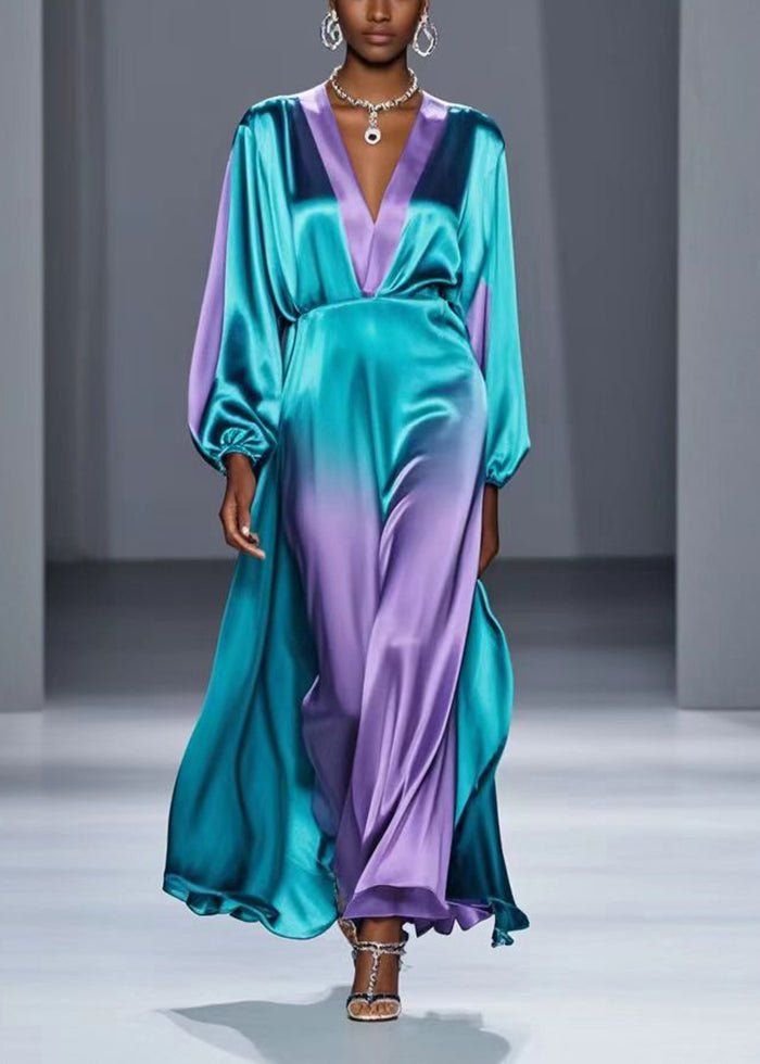 Green V Neck Tie Dye Silk Long Dress Spring