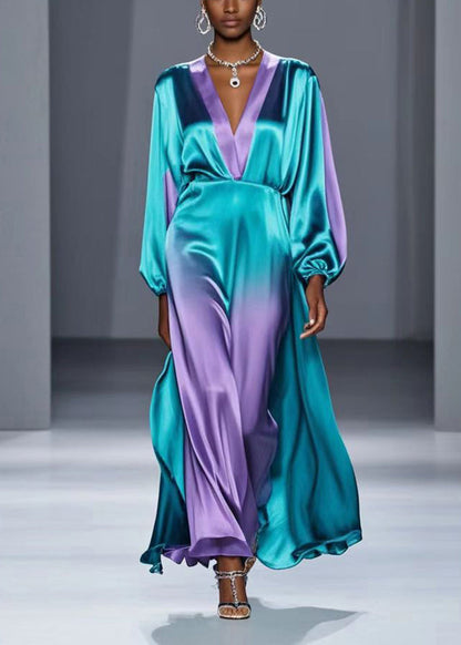 Green V Neck Tie Dye Silk Long Dress Spring