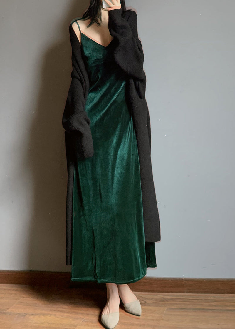 Green V Neck Velvet Spaghetti Strap Dress Spring
