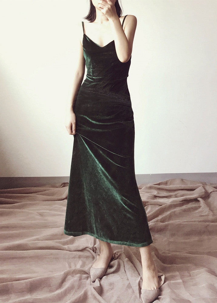 Green V Neck Velvet Spaghetti Strap Dress Spring