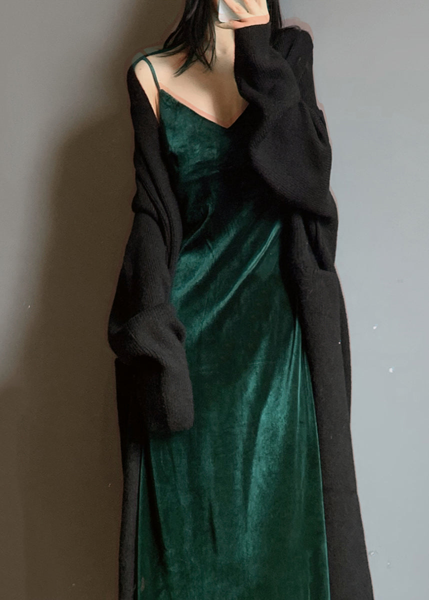 Green V Neck Velvet Spaghetti Strap Dress Spring