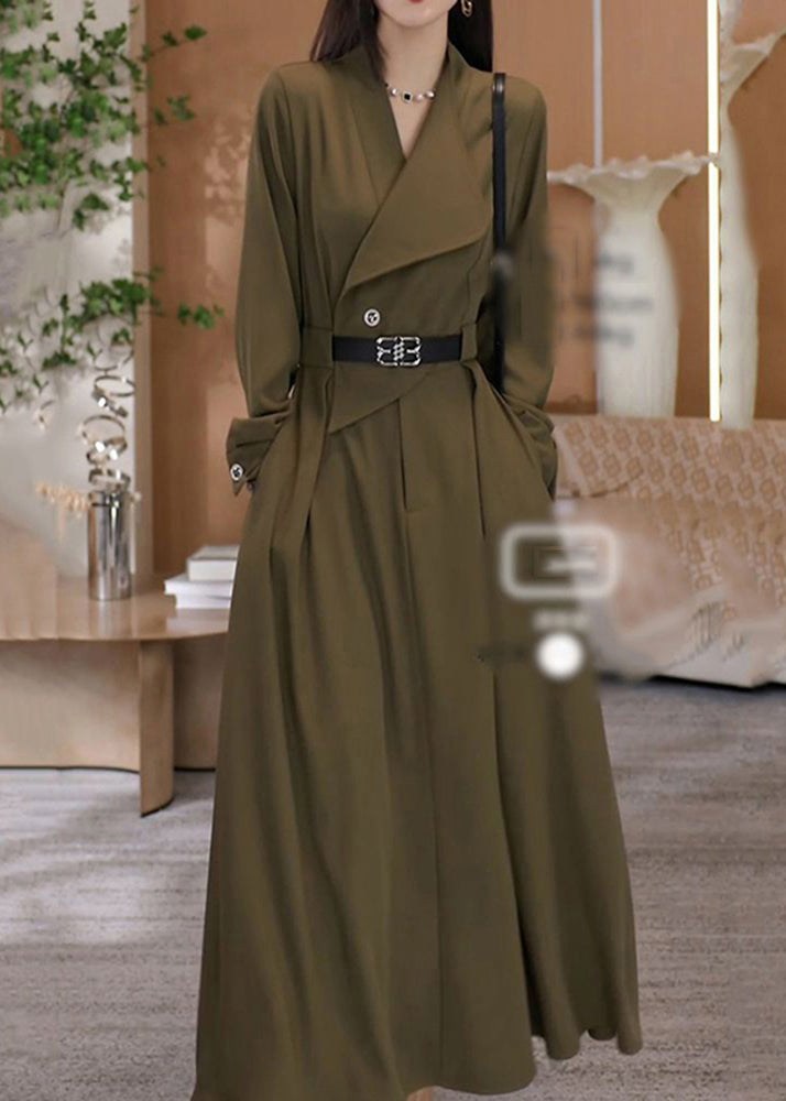 Green V Neck Waist Sashes Cotton Long Dresses Spring