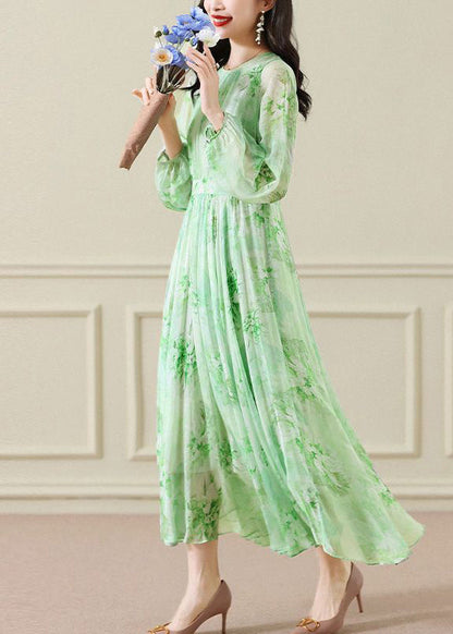Green Wrinkled Print Chiffon Maxi Dress Long Sleeve