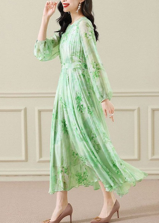 Green Wrinkled Print Chiffon Maxi Dress Long Sleeve
