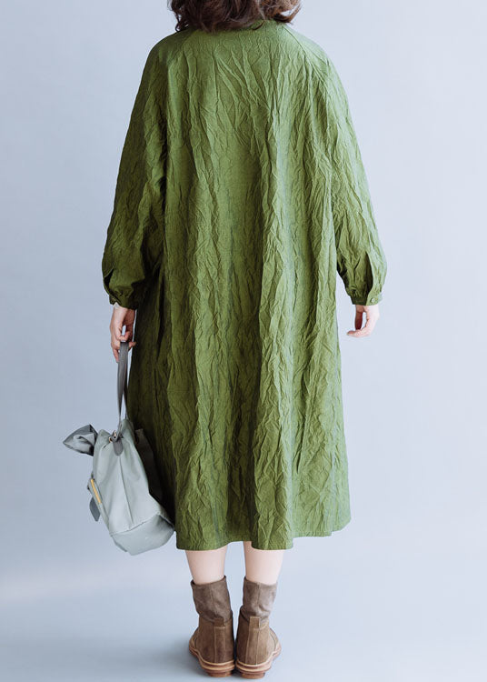 Green Wrinkled Button Cotton Long Dress Spring