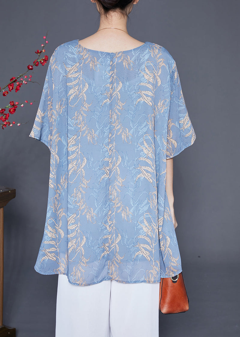 Grey Blue Oversized Print Chiffon Shirt Tops Summer
