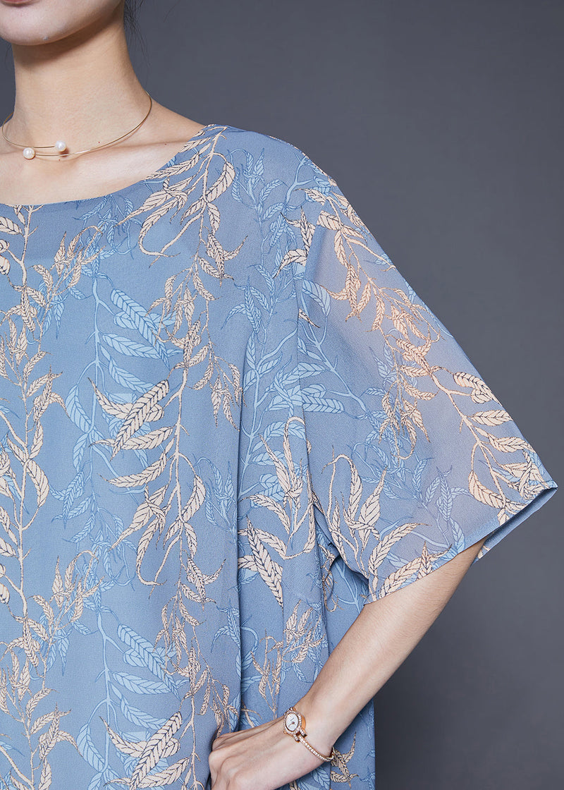 Grey Blue Oversized Print Chiffon Shirt Tops Summer