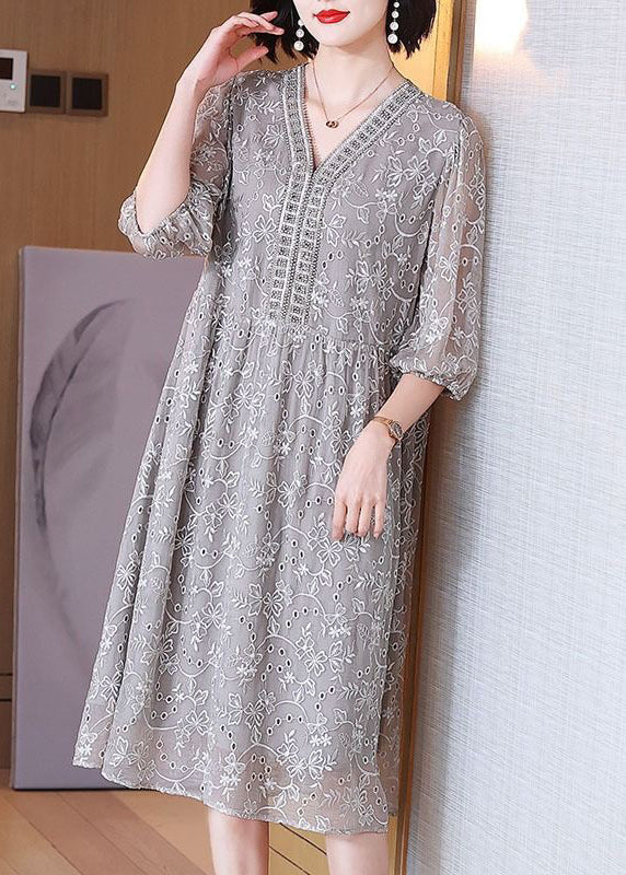 Grey Embroidered Nail Bead Patchwork Silk Dress Half Sleeve