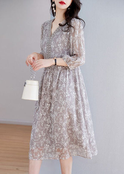 Grey Embroidered Nail Bead Patchwork Silk Dress Half Sleeve