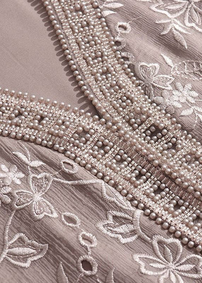 Grey Embroidered Nail Bead Patchwork Silk Dress Half Sleeve