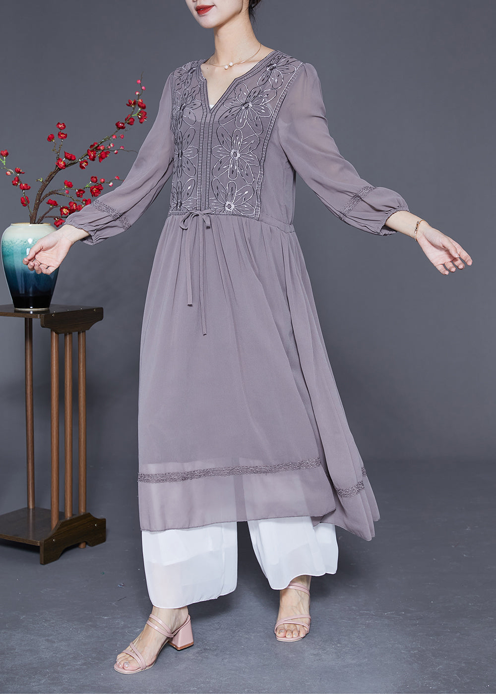Grey Embroideried Tie Waist Silk Maxi Dresses Spring