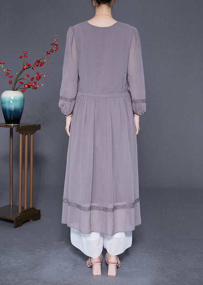 Grey Embroideried Tie Waist Silk Maxi Dresses Spring