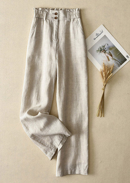 Grey High Waist Button Linen Straigh Pants Summer