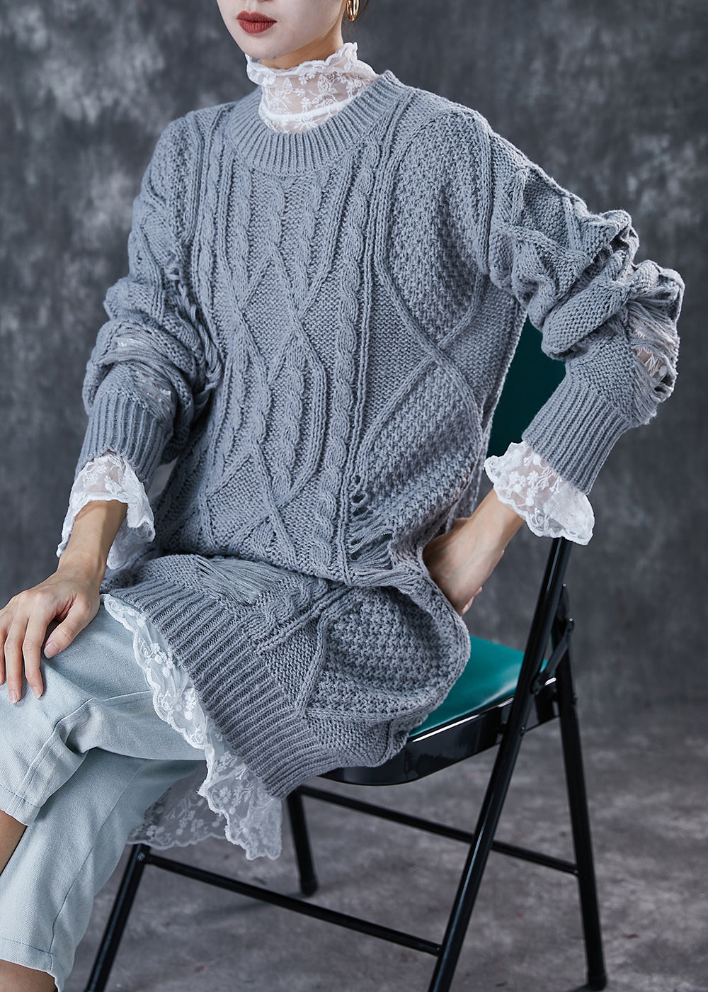 Grey Hollow Out Knit Ripped Sweater Dress Winter