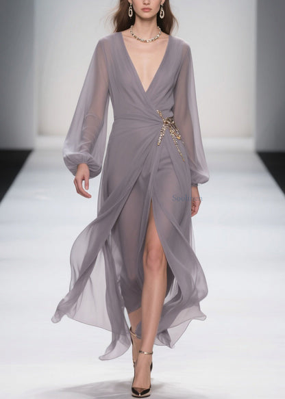 Grey Lace Up Front Open Chiffon Long Dress Spring
