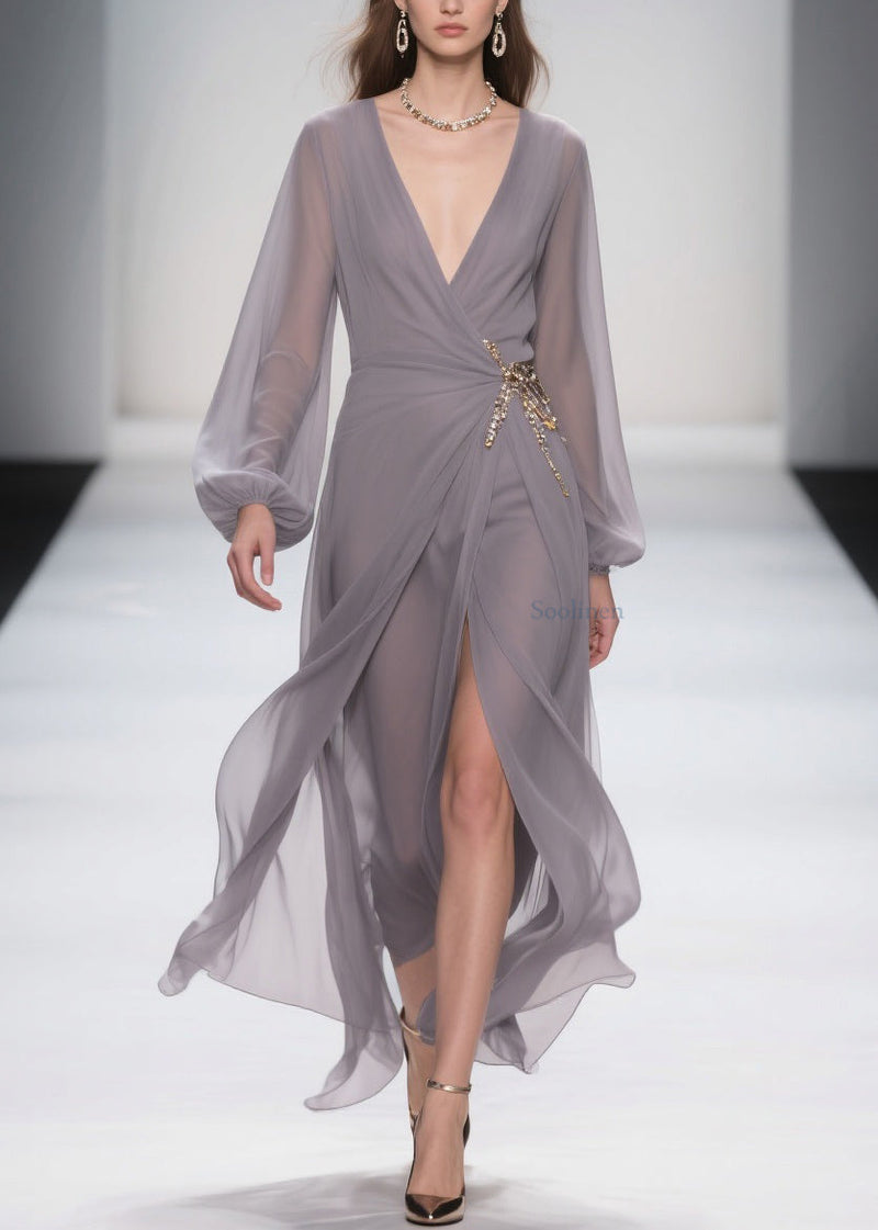 Grey Lace Up Front Open Chiffon Long Dress Spring