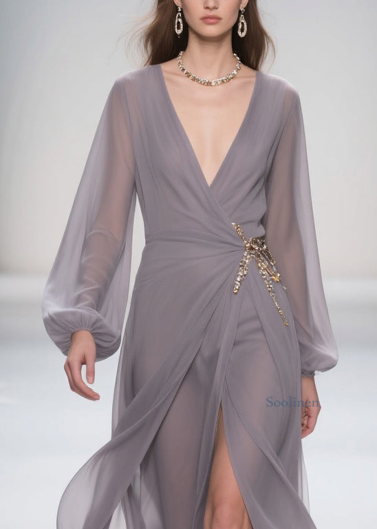 Grey Lace Up Front Open Chiffon Long Dress Spring