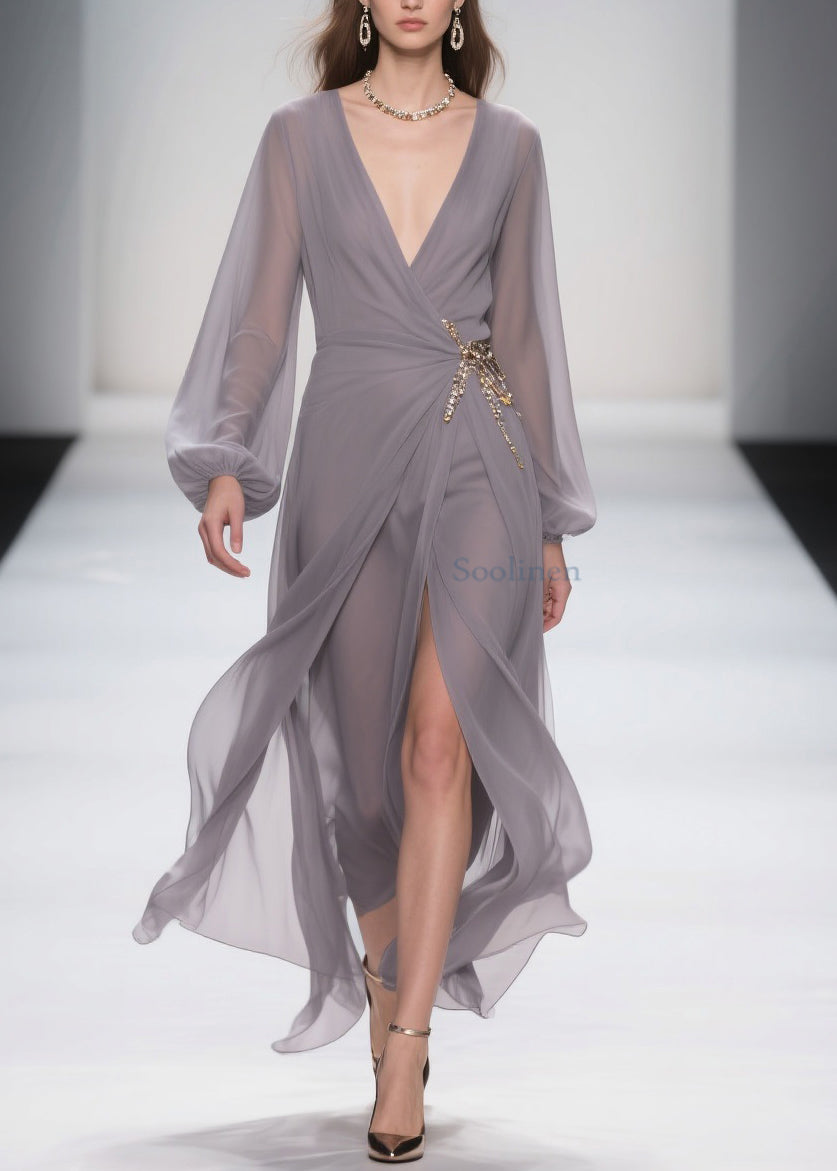 Grey Lace Up Front Open Chiffon Long Dress Spring