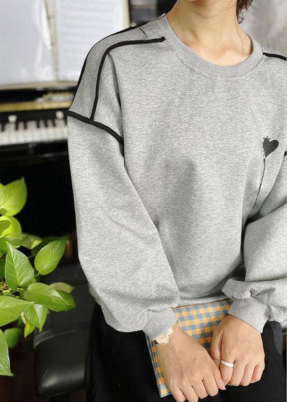 Elegant Grey Loose Embroideried Patchwork Fall Sweatshirt Street Wear