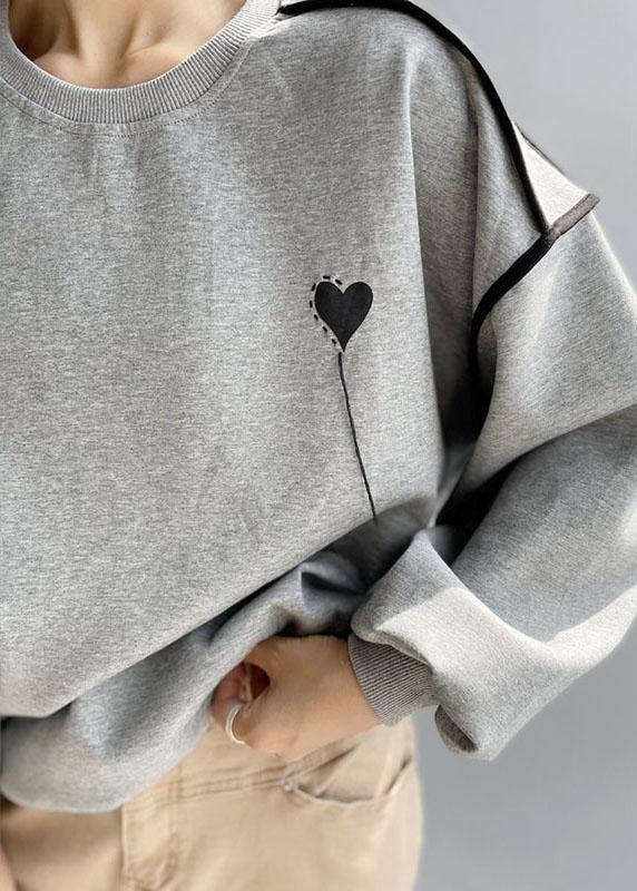 Elegant Grey Loose Embroideried Patchwork Fall Sweatshirt Street Wear
