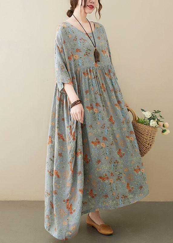 Grey O-neck Patchwork Print Half Sleeve Summer Long Dress