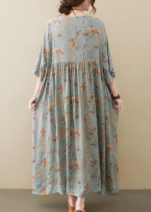 Grey O-neck Patchwork Print Half Sleeve Summer Long Dress