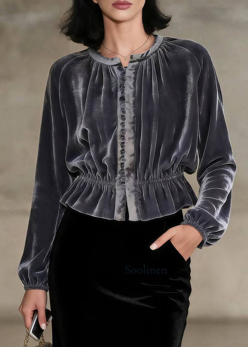 Grey O-neck Button Silk Velour Tops Spring