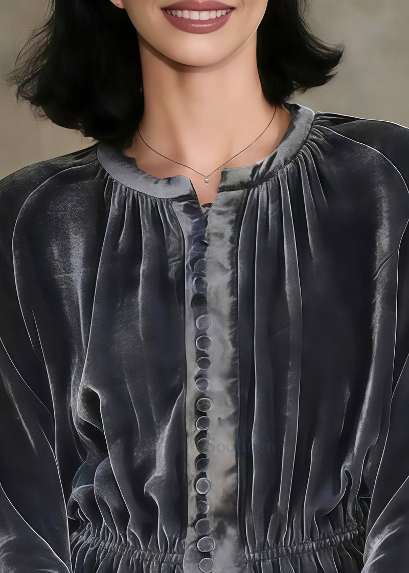 Grey O-neck Button Silk Velour Tops Spring