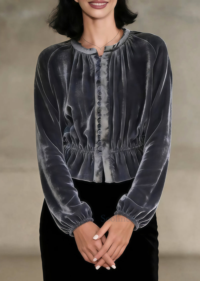 Grey O-neck Button Silk Velour Tops Spring