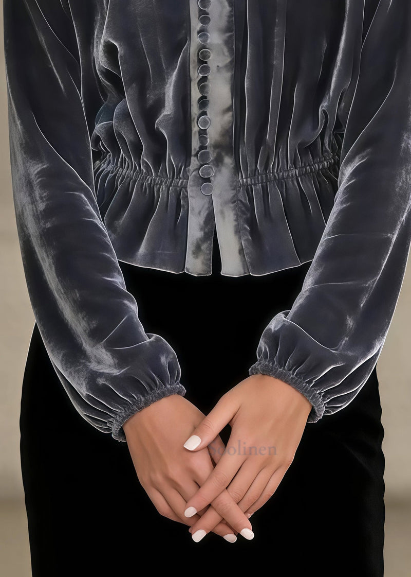 Grey O-neck Button Silk Velour Tops Spring