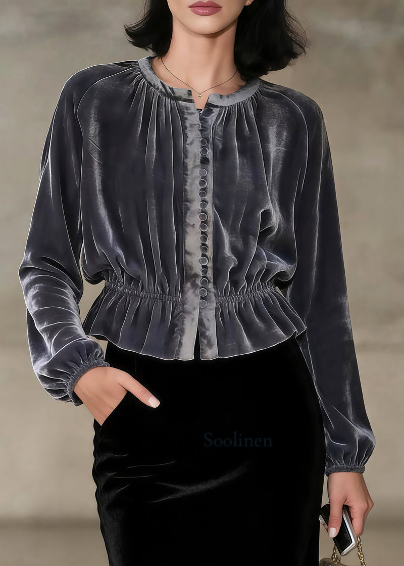 Grey O-neck Button Silk Velour Tops Spring