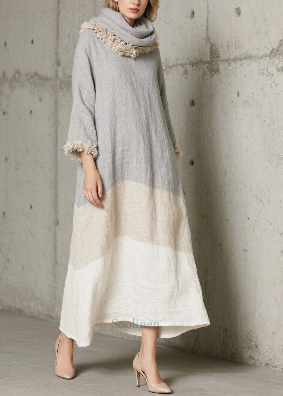 Grey Oversized Patchwork Faux Fur Long Dress Fall
