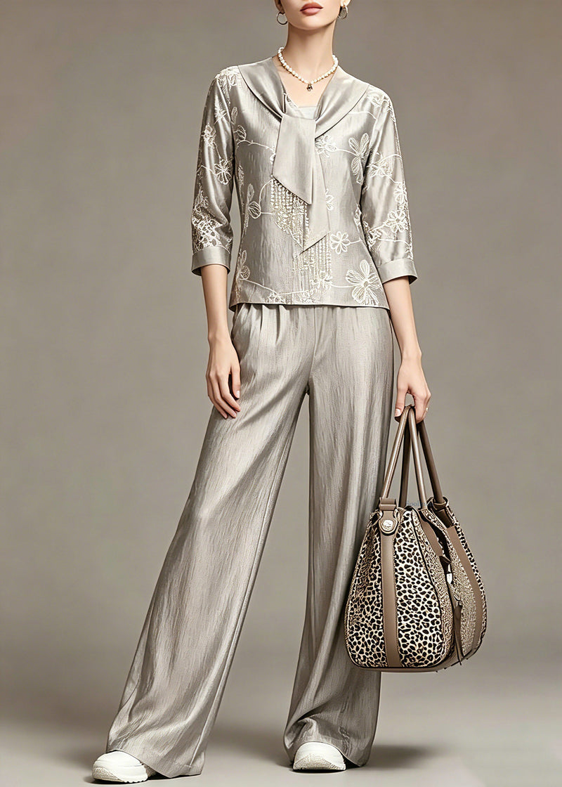 Grey Print Top and Wide Leg Pants Two Piece Set Spring