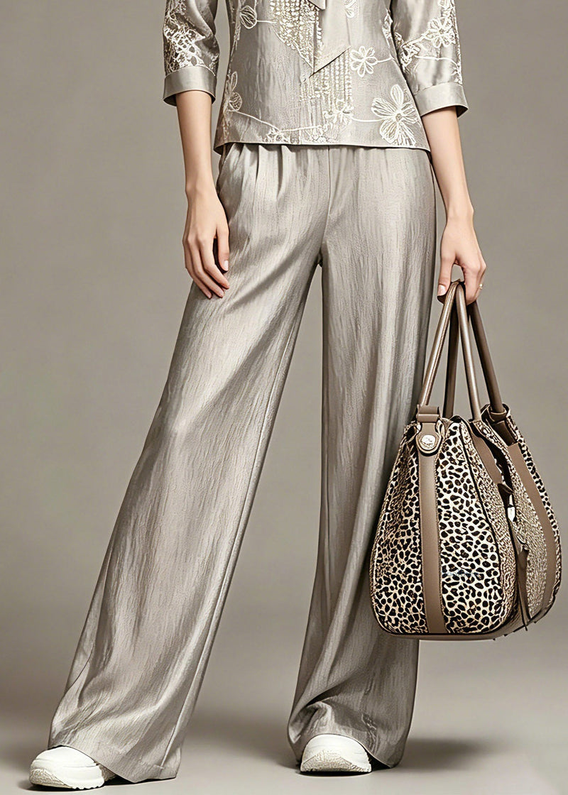 Grey Print Top and Wide Leg Pants Two Piece Set Spring