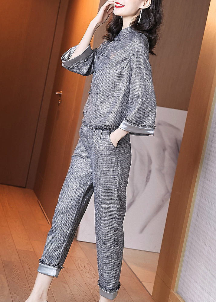 Grey Stand Collar Chinese Button Tops and Pants Cotton Two-piece Set Spring