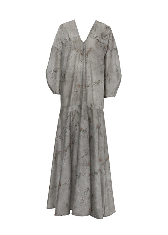 Grey V Neck Print Patchwork Silk Holiday Maxi Dress Long Sleeve
